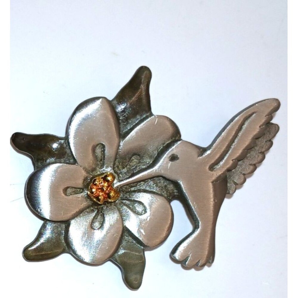Vtg Shields Pewter Hummingbird Brooch Pin Flower Silver Gold Signed 2 in